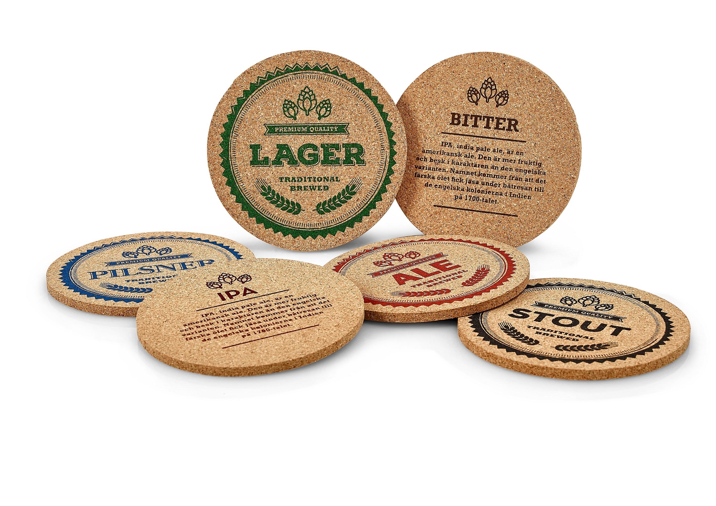 Øl coaster kork 6 stk assorteret English