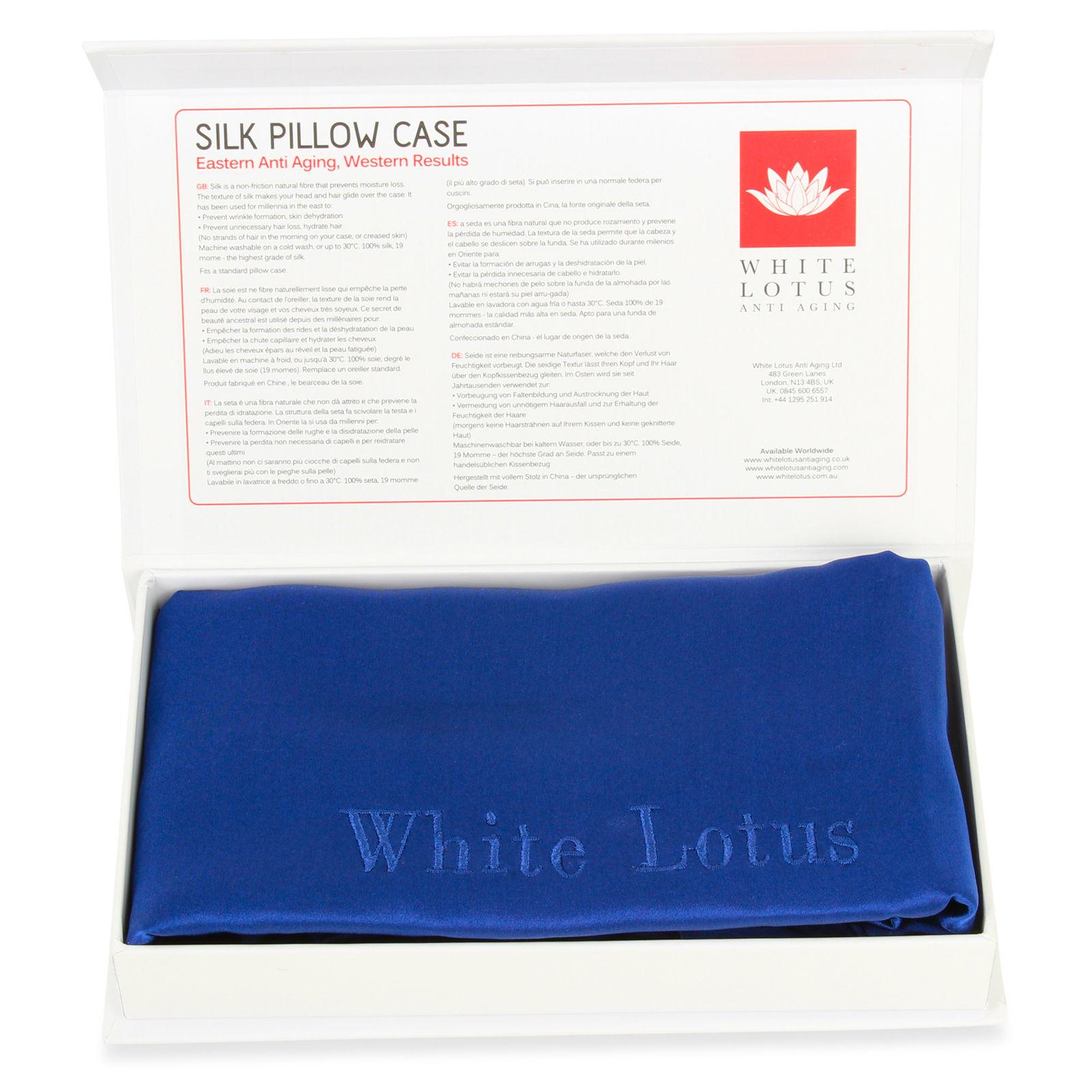 White Lotus Anti Aging Pudebetræk / 100% 19 Momme Mulberry Silke Pudebetræk / Luksuriøs Oxford Stil med Elfenbens Hvid Gaveæske - Blå (Pakke af 2)