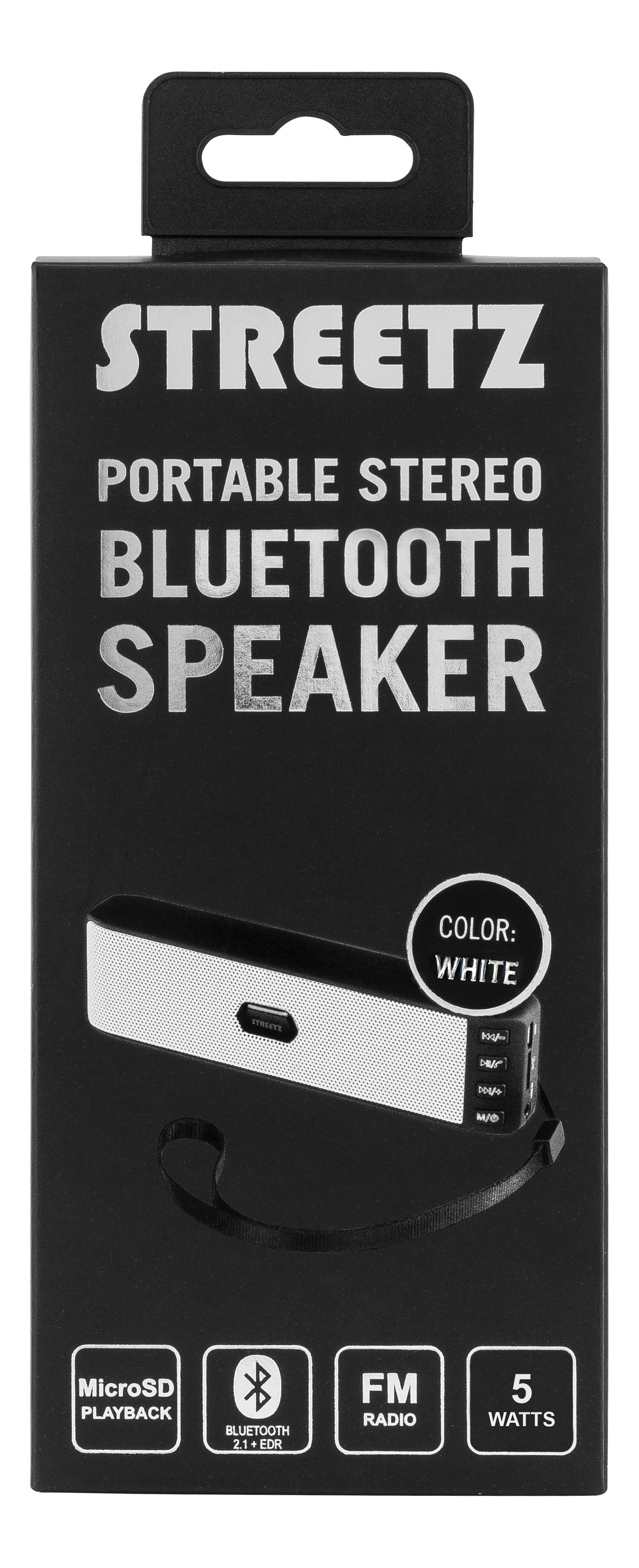 STREETZ Bluetooth speaker V2.1 + EDR, 3h, 10m, microSD, radio, white