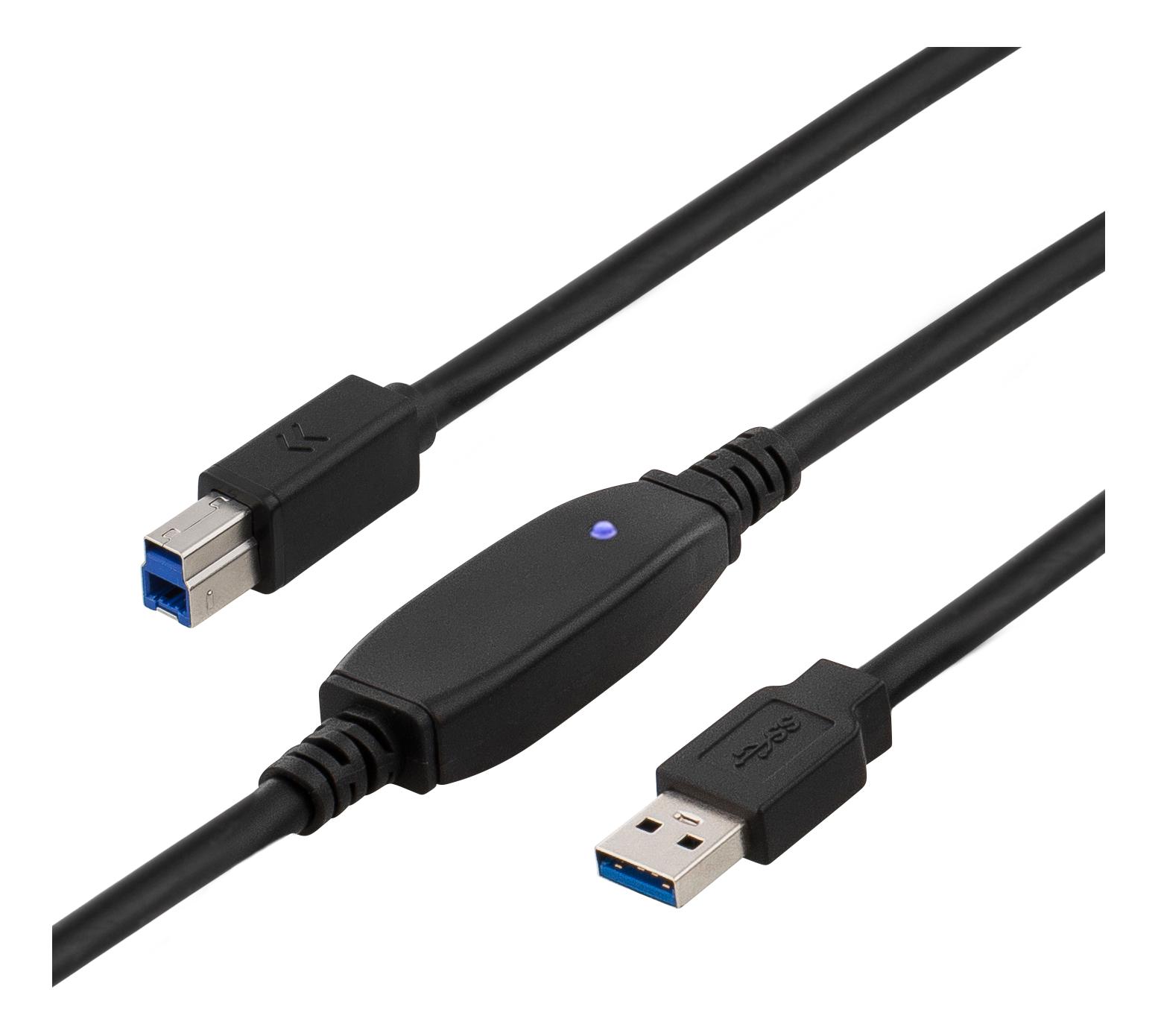 DELTACO USB 3.0 kabel, aktivt, Type A han - Type B han, 5m, svart