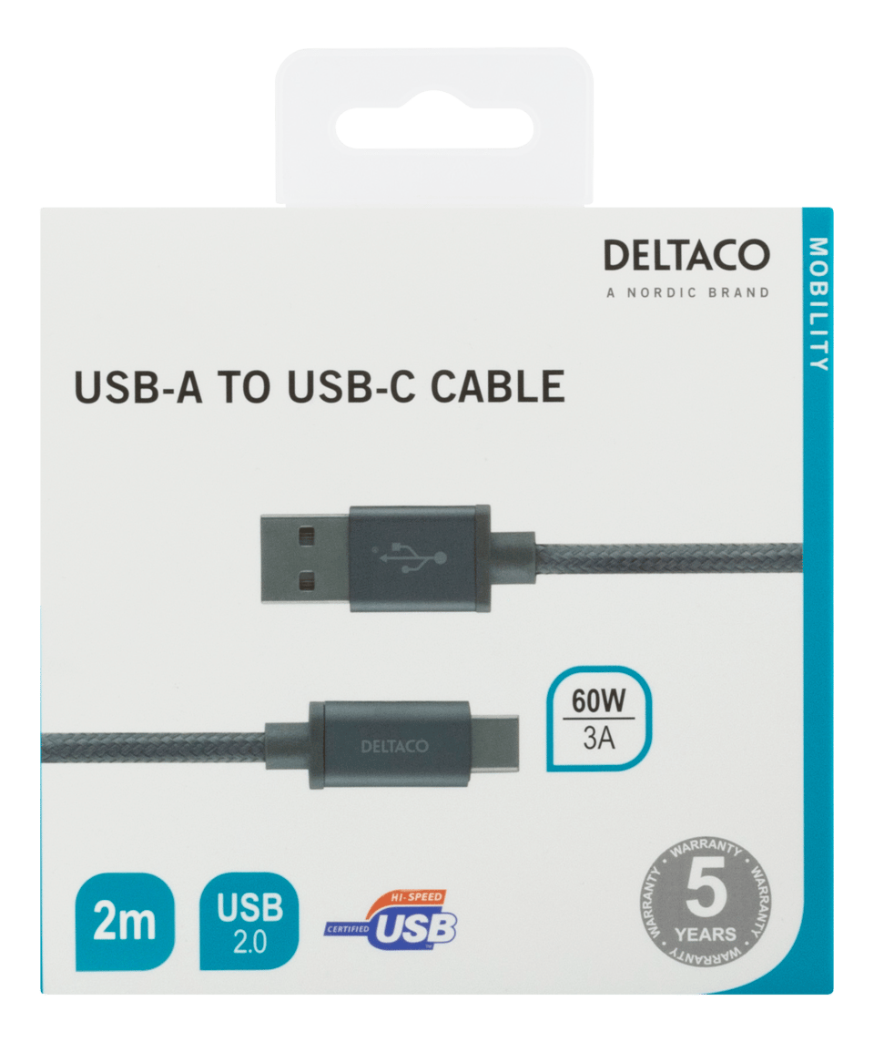 DELTACO USB-A to USB-C cable, 2m, USB 2.0, braided, grey