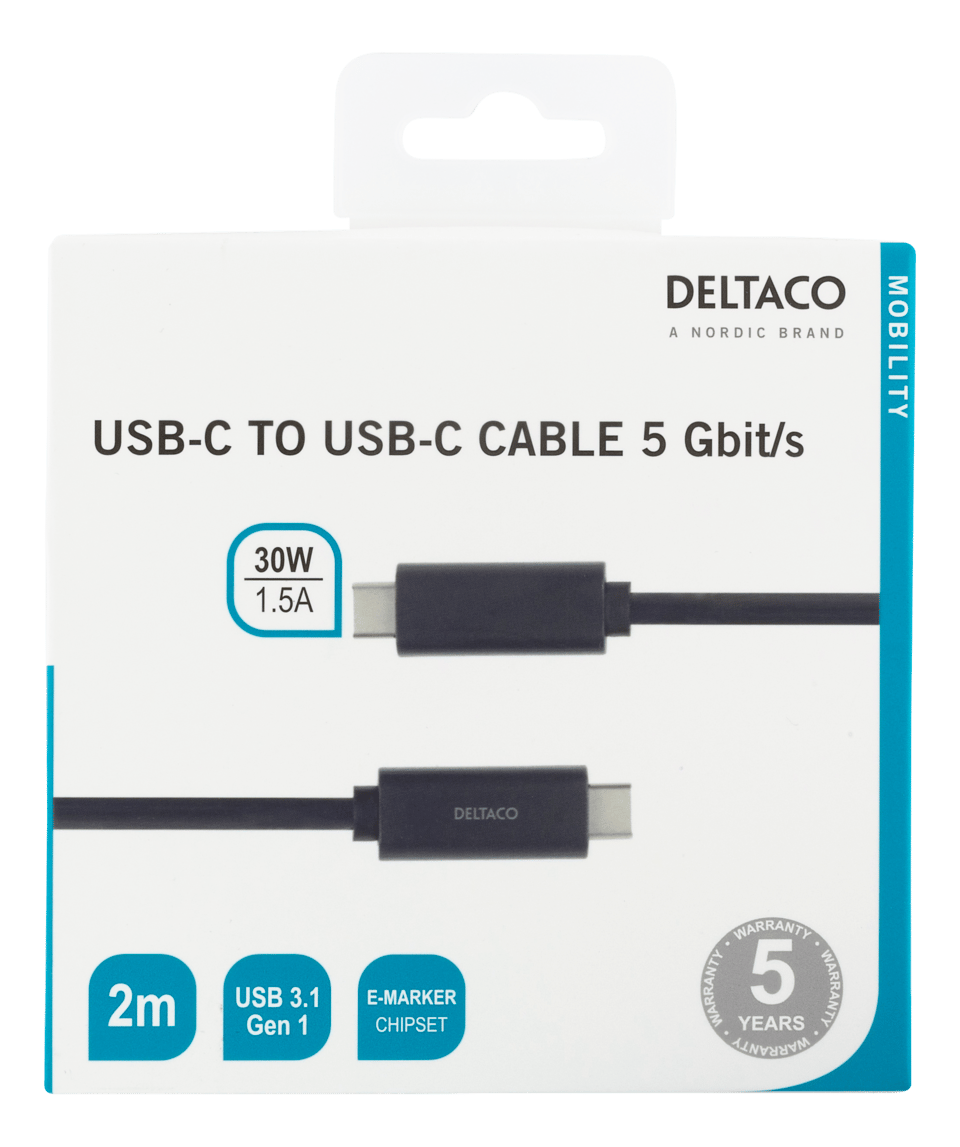 DELTACO USB-C to USB-C cable, 2m, USB 3.1 Gen, E-Marker, bla