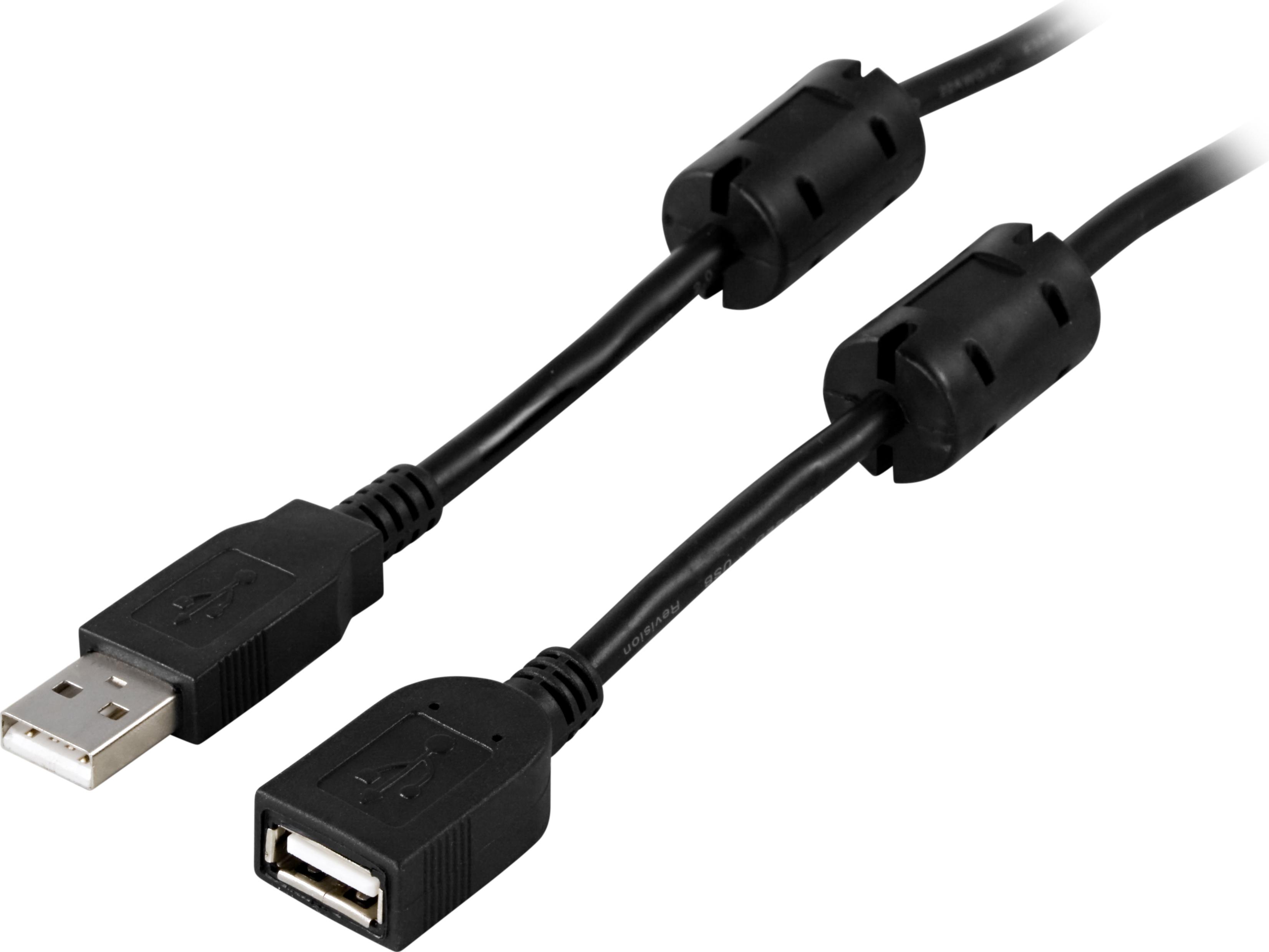 DELTACO USB 2.0 kabel Type A ha - Type A ho, ferritkerner, 5m, sort