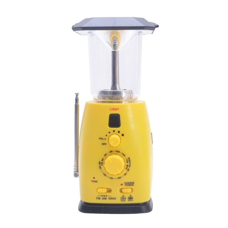 Multifunktionell LED-lampa - FM-radio, USB, Solcell, Dynamo, Gul
