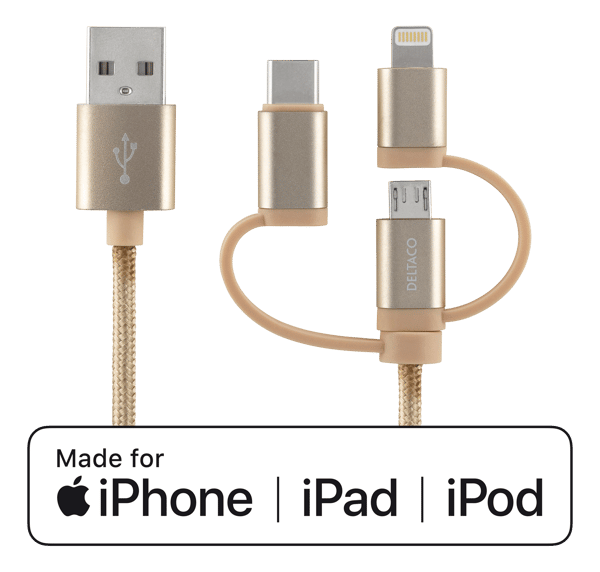 DELTACO virta- ja latauskaapeli, 1m, MicroUSB, USB-C, Lightning, kulta