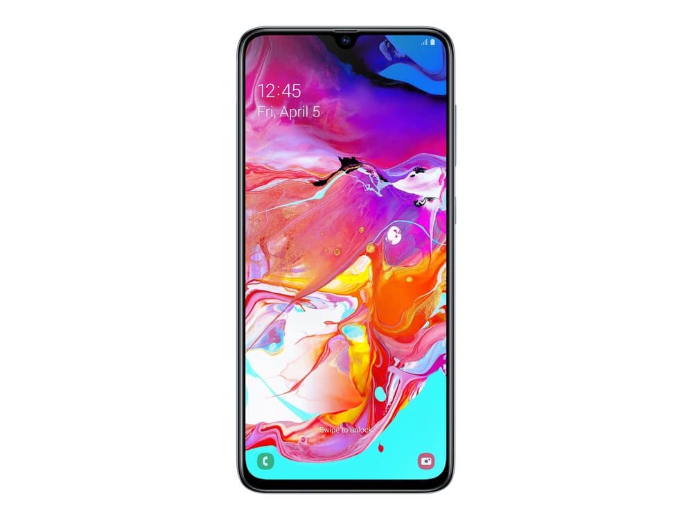Samsung Galaxy A70 - Pekskärmsmobil - dual-SIM - 4G LTE - 128 GB - microSDXC slot - GSM - 6.7 - 2400 x 1080 pixlar - Super AMOLED - RAM 6 GB (32 MP främre kamera) - 3 st. bakre kameror - Android - vit