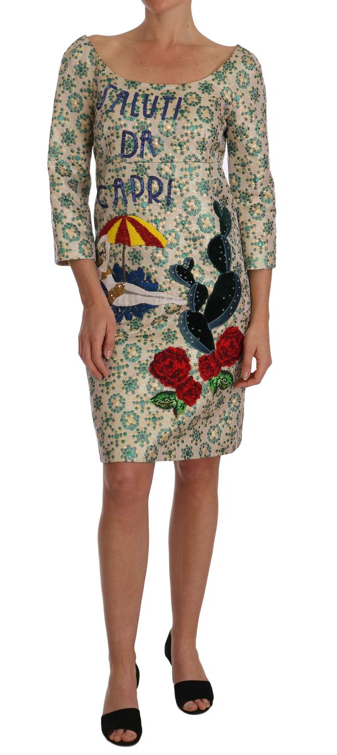 Beige Green Jacquard Saluti Da Capri Dress