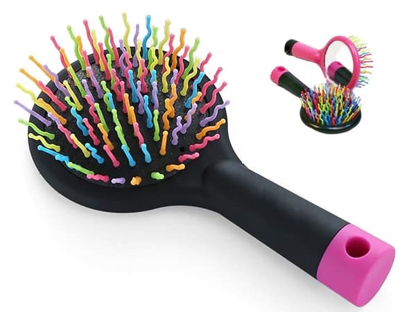 Rainbow färgrik cirkulär hårborste med spegel på baksida