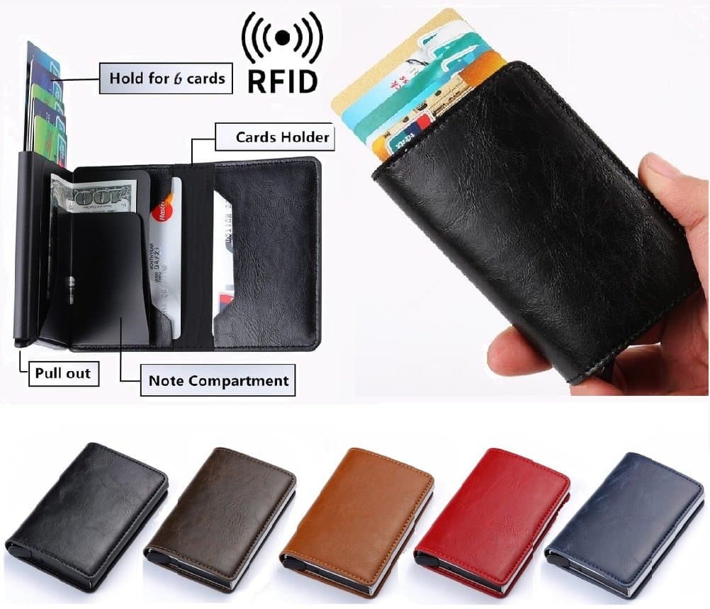 RFID-Säkert korthållare skjuter fram 6st kort m läderjacka o sedelfack