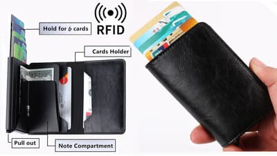 RFID-Säkert korthållare skjuter fram 6 kort m läderjacka o sedelfack