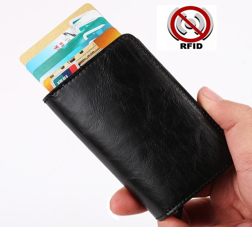 RFID-Säkert korthållare skjuter fram 6 kort m läderjacka o sedelfack