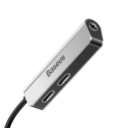 Baseus L52 Adapter Lightning till Dubbla Lightning och AUX 3.5 mm - Silver/Svart