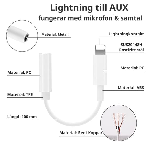 Lightning till AUX Adapter - Mikrofonkompatibel - Vit