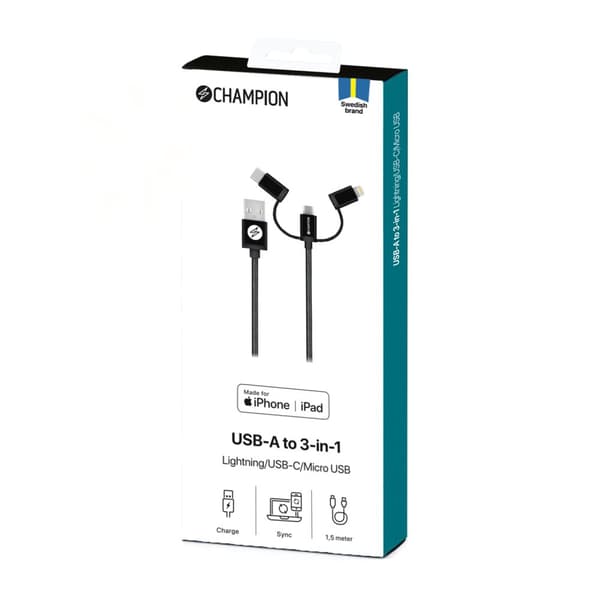 USB-A till Lightning, USB-C och Micro-USB 1,5m Svart