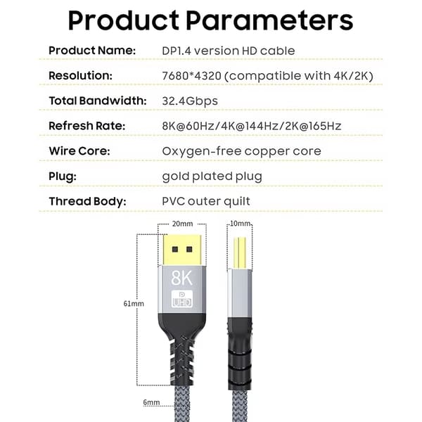 NÖRDIC 50cm DisplayPort til DisplayPort Cable Ver 1.4 UHD 8K i 60Hz 32.4gbps 10-bit HDR Double Screen Pure Copper 99.99%