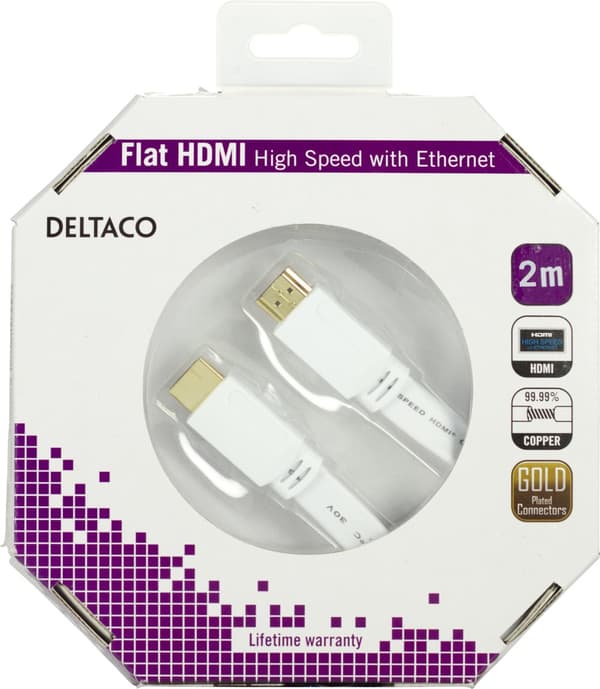 Flat HDMI cable, HDMI High Speed w/ Ethernet, 4K, 2m, white
