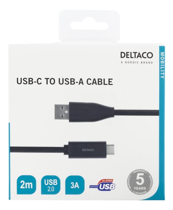 USB-C to USB-A cable, 2m, 3A, USB 2.0, black