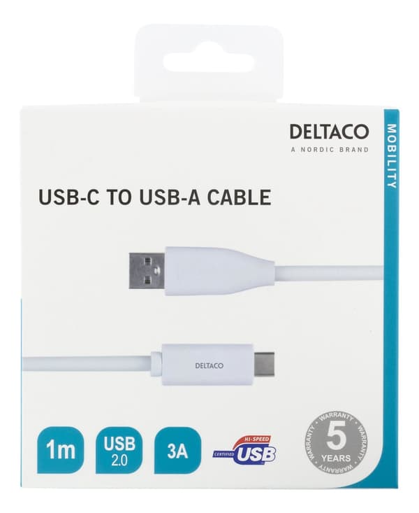 USB-C to USB-A cable, 1m, 3A, USB 2.0, white