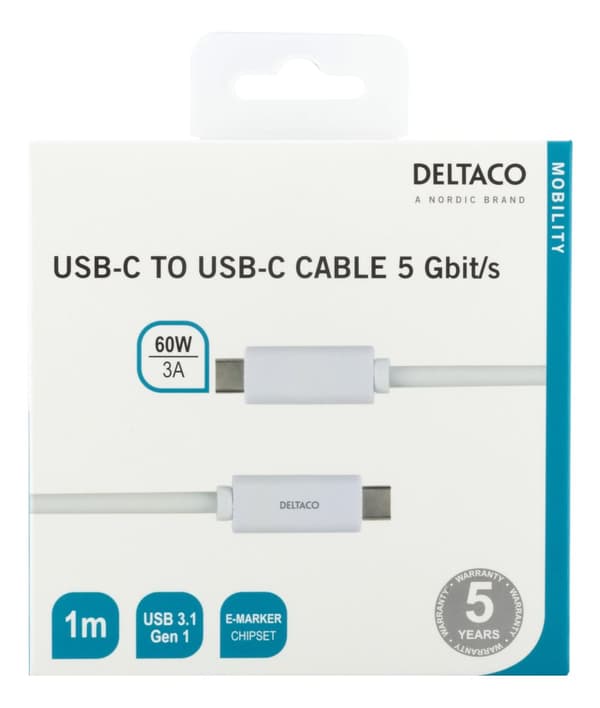 USB-C to USB-C cable, 1m, USB 3.1 Gen 1, E-Marker, white