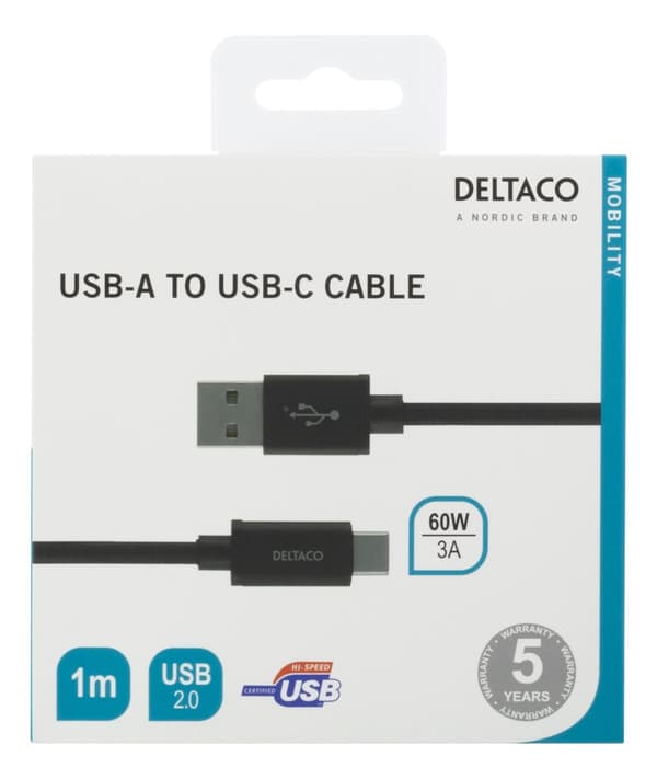 USB-A to USB-C cable, 1m, USB 2.0, braided, black