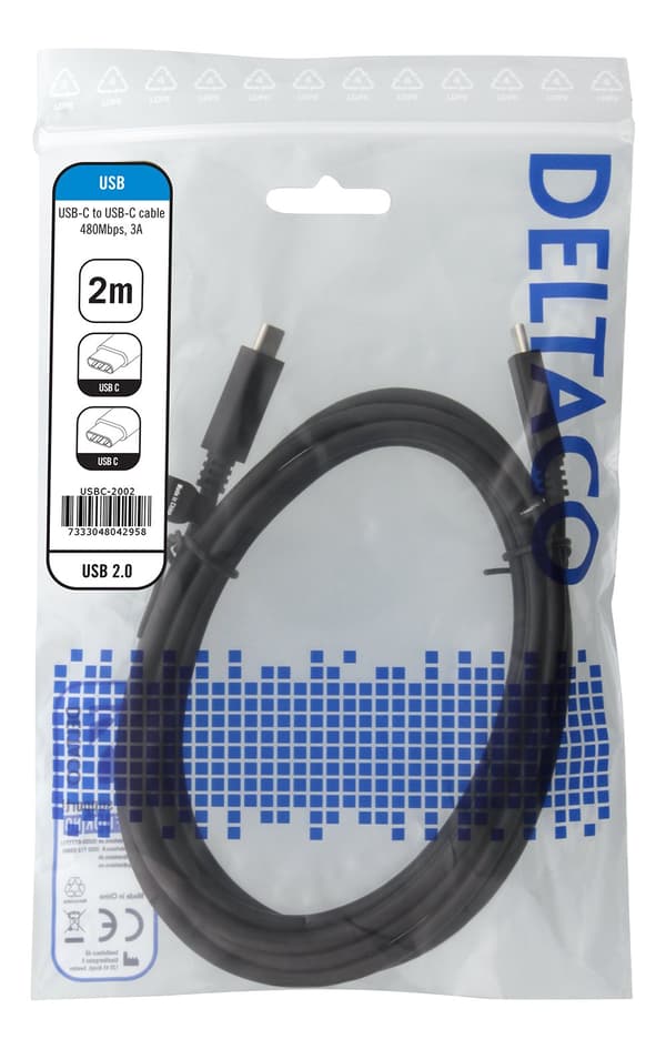 USB 2.0 USB-C, USB-C charging cable, 3A, 2m, black