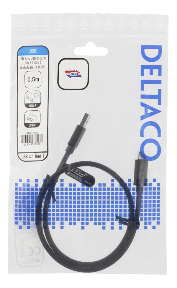 USB 3.1 Gen1 braided USBA USBC cable 0.5m 60W 3A  black