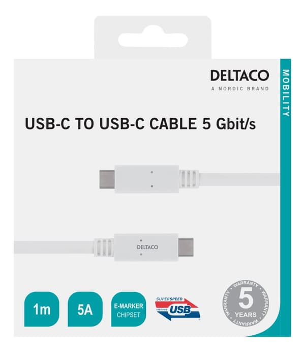 USB-C - USB-C cable, 5Gbit/s, 5A, 1M, white