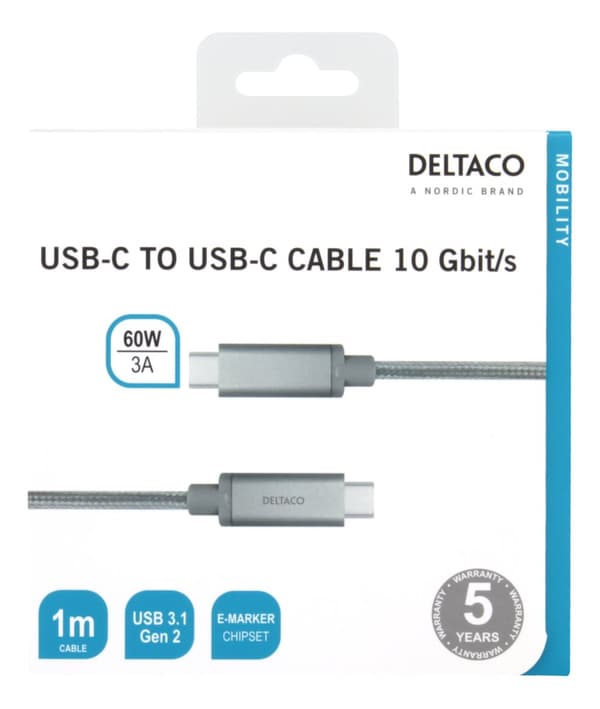 USB-C to USB-C cable, 1m, 60W USB PD, 10 Gbps, silver