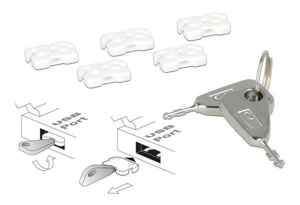 USB Port Blocker, 5 USB locks, 2 keys, white