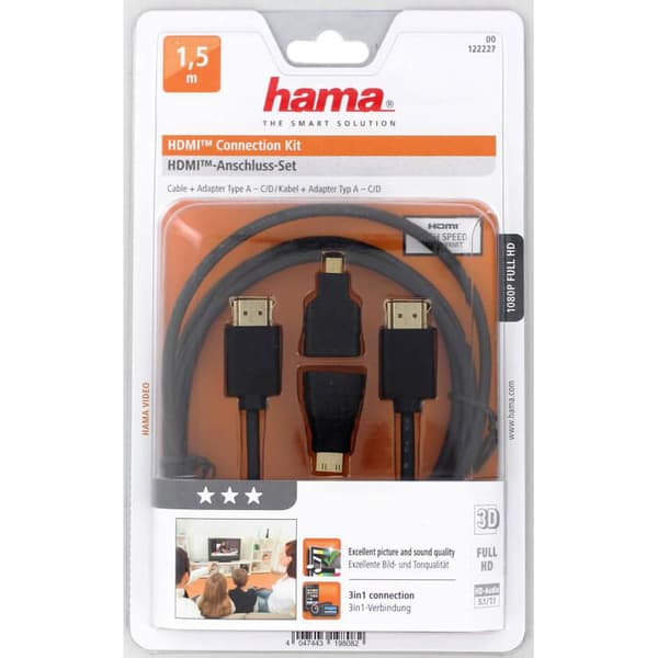 HAMA Johto HDMI Ethernet Sovitin 1xHDMI-1xMicro 1xMini 1.5m Kulta