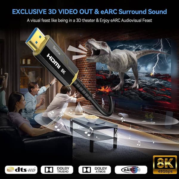 NÖRDIC 5m aktiivinen AOC optinen kuitukaapeli HDMI 2.1 8K 60Hz 4K 120Hz 48Gbps Dynamic HDR, eARC, VRR yhteensopiva RTX 3080 3090 kanssa