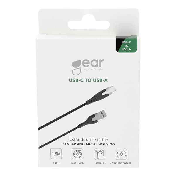 GEAR Latausjohto PRO USB-A USB-C 2.0 1.5m Musta Kevlar johto Metalliliitin
