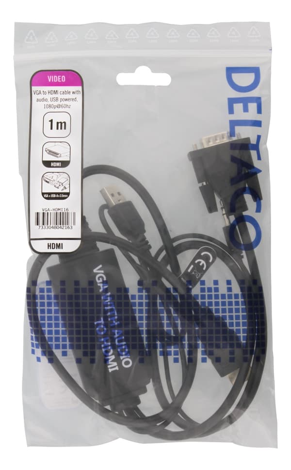 VGA & Audio, HDMI cable, USB powered, 1m, black
