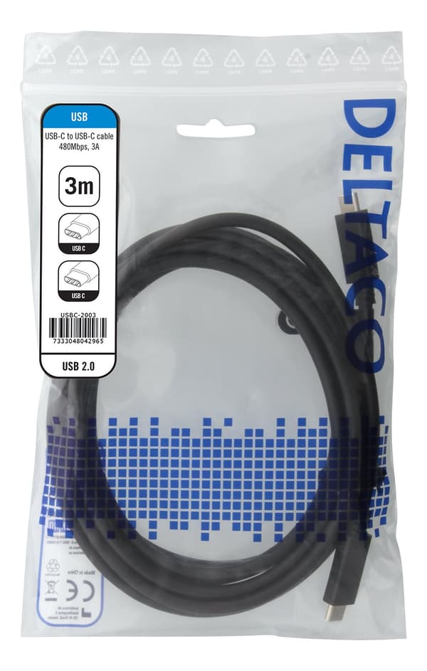 USB 2.0 USB-C, USB-C charging cable, 3A, 3m, black