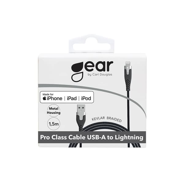 GEAR LatausjohtoPRO USB-A Lightning C89 1.5m Musta Kevlar johto Metalliliitin