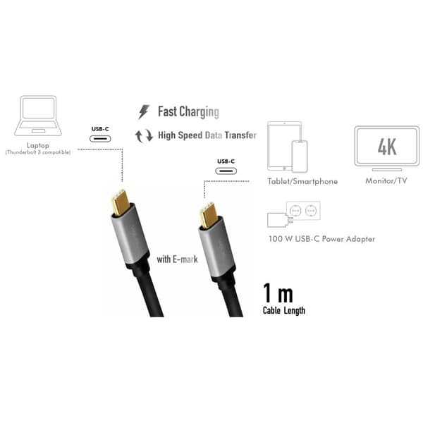 USB-C-kabel PD 3.0 100W 10Gbps 4K / 60Hz Alu 1m