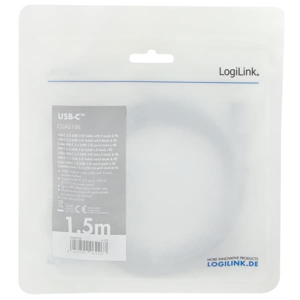 LogiLink USB-C-kaapeli PD 3.0 100W 480 Mbps Alu 1.5m