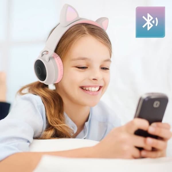 Bluetooth Hörlurar - Kattöron Design - Beige - Ljusanimation - 12h batteritid - Bullerdämpning