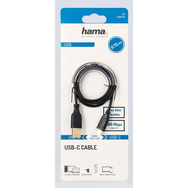 Kabel USB-C Flexi-Slim USB-A-USB-C Gull Svart 0,75m