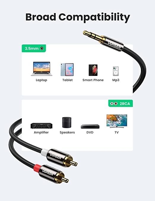 UGREEN RCA Kabel Stereo Ljud Kabel 3,5 mm Jack till 2 RCA Kabel (1m)