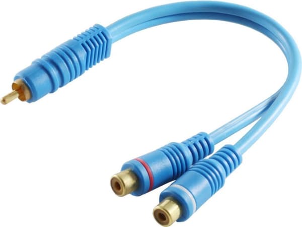S/CONN maksimal tilslutning RCA forlængerkabel RCA stik til 2 RCA koblinger, dobbelt skærmet, blå, 0,2m (40045)