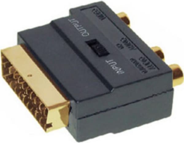 S/CONN maximal anslutningsadapter video/ljud scart-adapter med 3 cinch-uttag till 4-stifts MINI DIN-uttag, IN/OUT med omkopplare, guldpläterade kontak