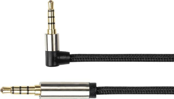 Ljudanslutningskabel högkvalitativ, 4-polig 3,5 mm jack plug to jack plug vinklad, textil jacka, svart, 0,5 m, PYTHON® Series (GC-M0231)