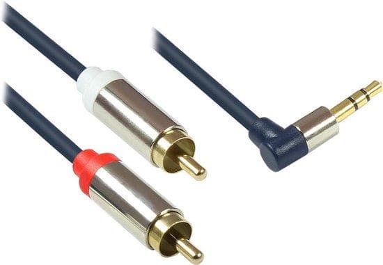 Lydtilslutningskabel højkvalitets 3,5 mm, jackstik til højre til 2x RCA-stik, fuld metalhus, mørkeblå, 5m, gode forbindelser (GC-M0067)