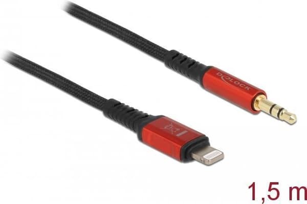 Delock - Kabel Lightning til hovedtelefonforbindelse - Lightning han til stereo mini jack han - 1,5 m - sort, rød - til Apple iPad/iPhone/iPod (Lightn