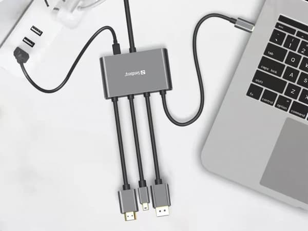 Sandberg All-In-1 Display Adapter Hub - Videoadapter - HDMI, DisplayPort, Mini DisplayPort, USB-C hane till HDMI hane - 2,3 m - Stöder 4K 60 Hz