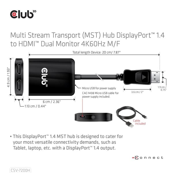 Club 3D CSV-7200H - Videoadapter - DisplayPort han til HDMI hun - 20 cm - understøtter 4K 60 Hz (3840 x 2160)
