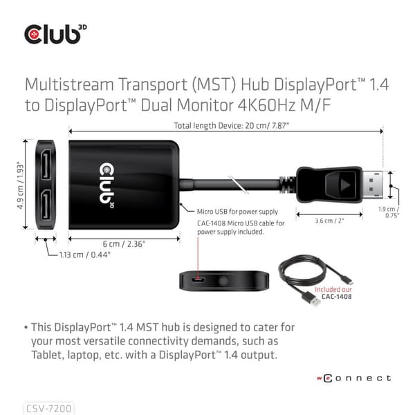 Club 3D MST Hub DisplayPort™ 1.4 - DisplayPort™ + HDMI™ 4K60Hz St./B.