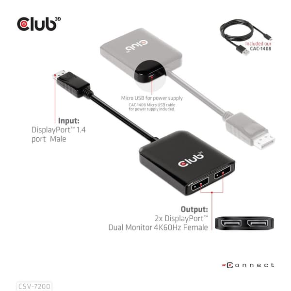 Club 3D MST Hub DisplayPort™ 1.4 - DisplayPort™ + HDMI™ 4K60Hz St./B.