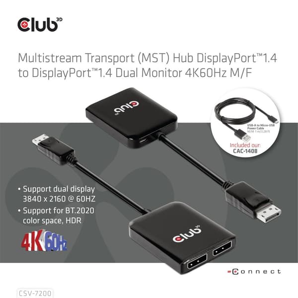 Club 3D Multi Stream Transport (MST) Hub DisplayPort™ 1.4 till DisplayPort™ Dual Monitor 4K60Hz